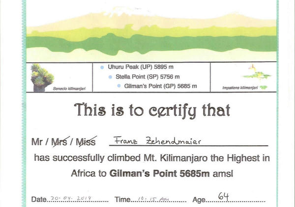 Zertifikat der Besteigung des Kilimandscharo