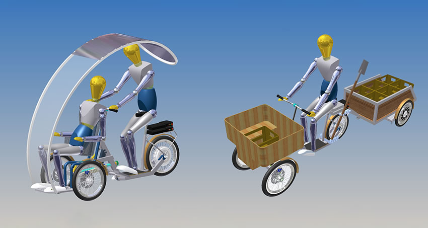 3D-Renderings des ZeMobil im Einsatz für Personentransport und für Lastentransport